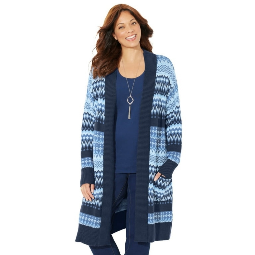 Catherines Womens Navy Fair Isle Cardigan Sweater Size 3X Open Front Long Fall